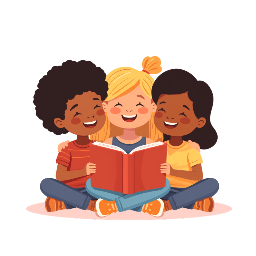 Illustration of three children reading a book together