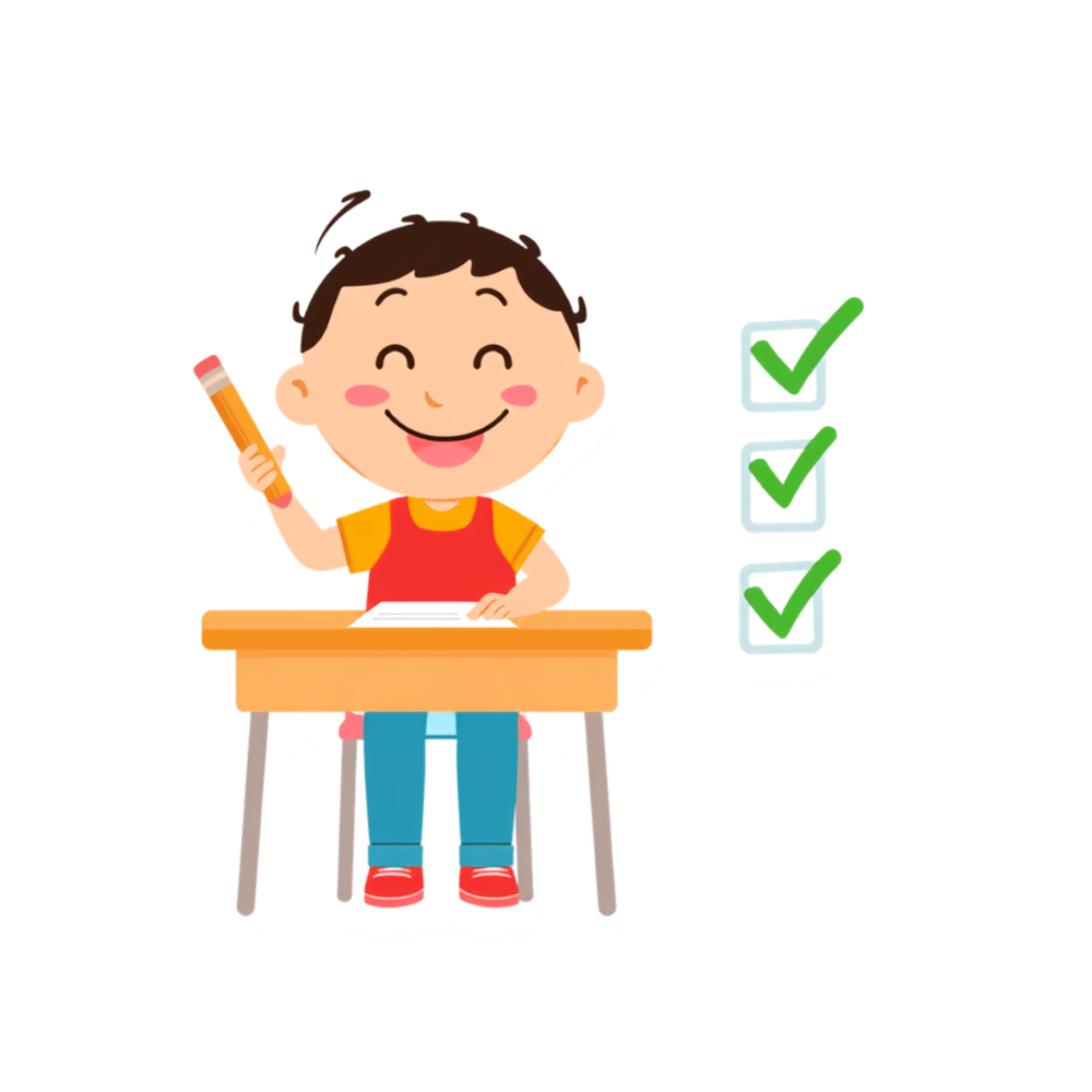 Illustration of a child happily writing at a desk