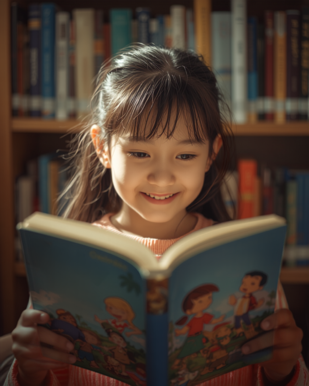 Em nhỏ chăm chú đọc sách tại thư viện