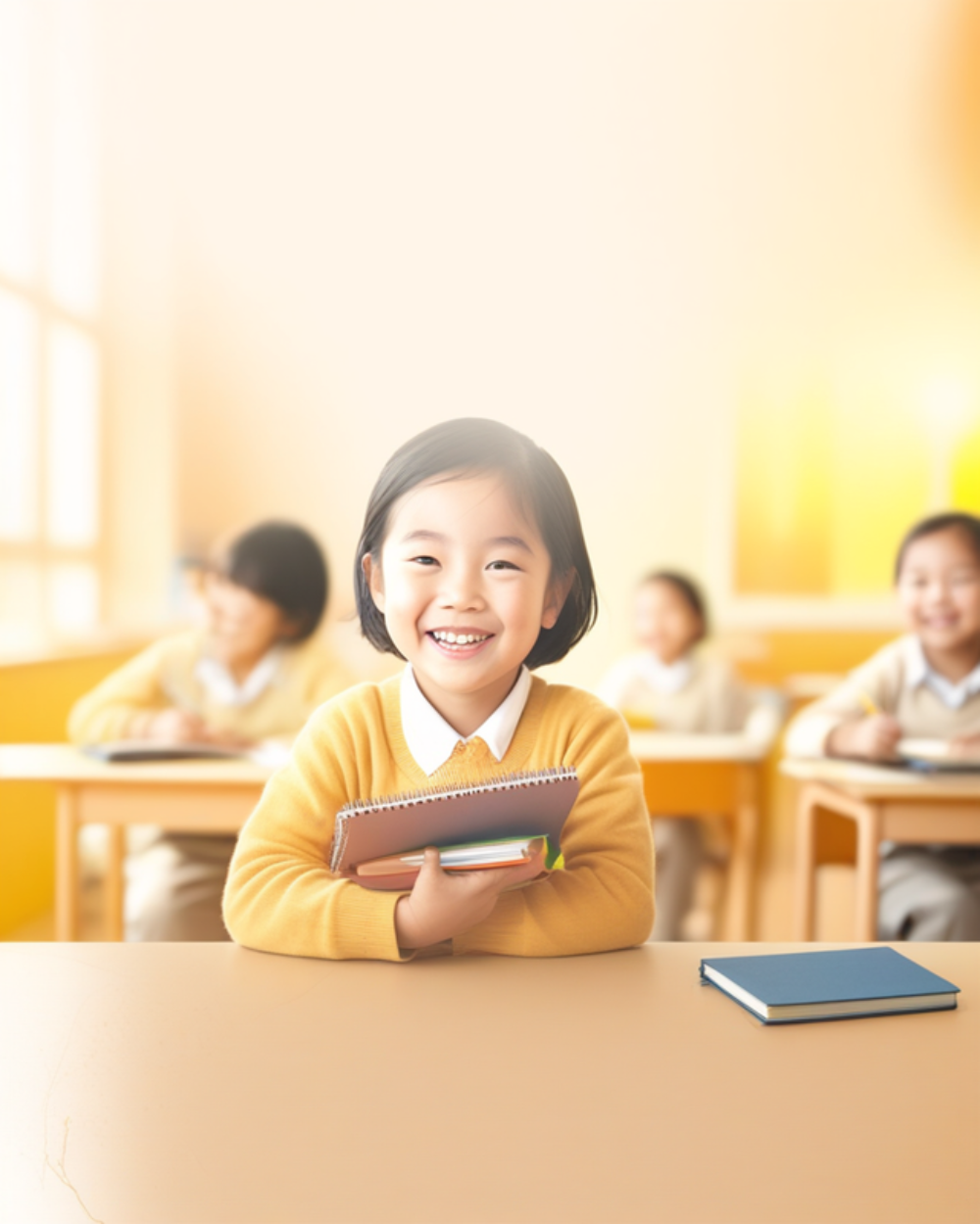 Học sinh tươi cười cầm sách trong lớp học