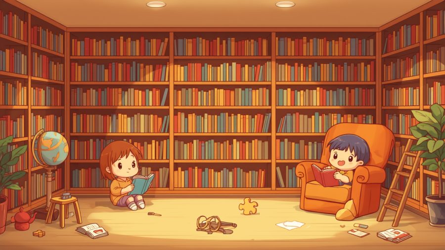 children reading books in a library