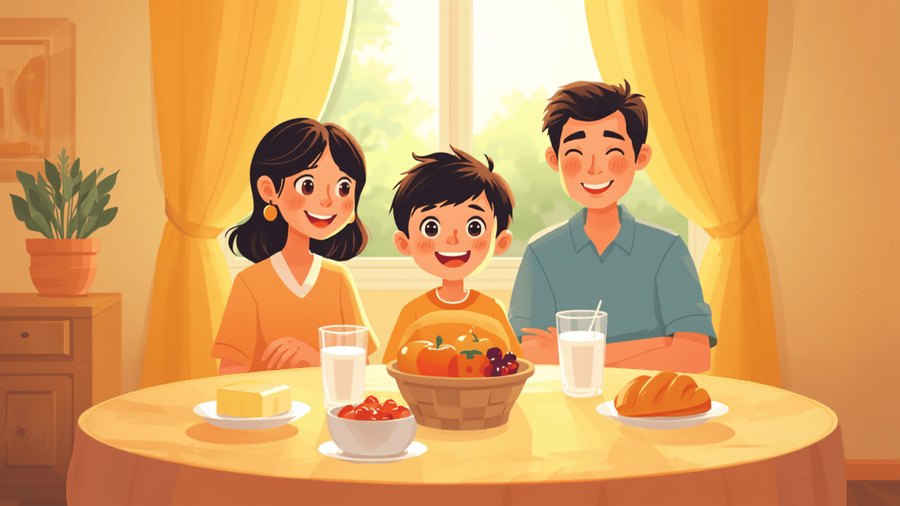 a boy having breakfast with his mother and father