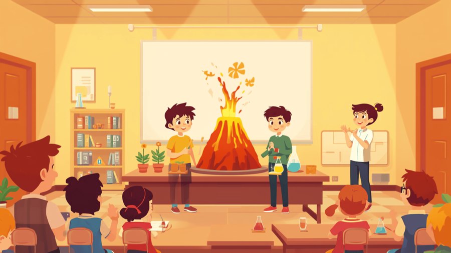 students presenting a model volcano at a science fair