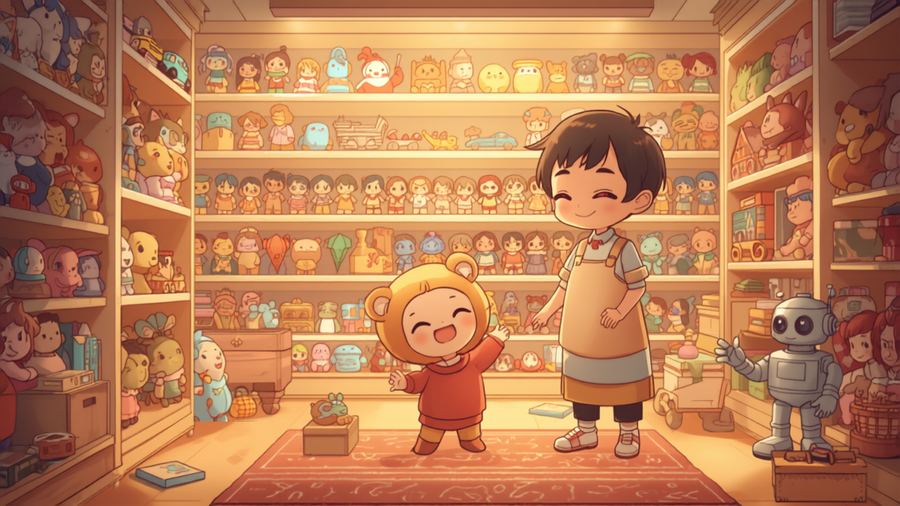 a toy shop with a robot toy on the shelf